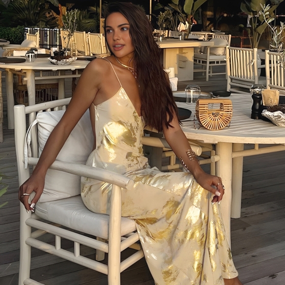 Commense - Metallic Print V-Neck Backless Slip Long Dress - Picture 1 of 3